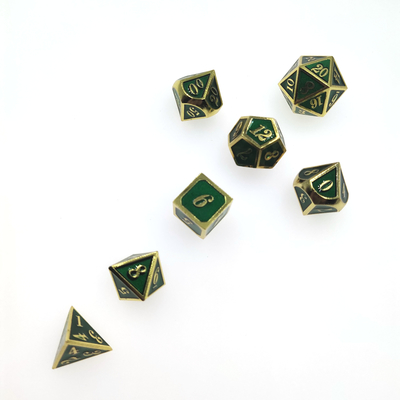 ชุดลูกเต๋าโลหะแฟนซีป้องกันการสึกหรอ 7 ชิ้นชุดลูกเต๋าเล่นเกมสวม Polyhedral Gilt Green