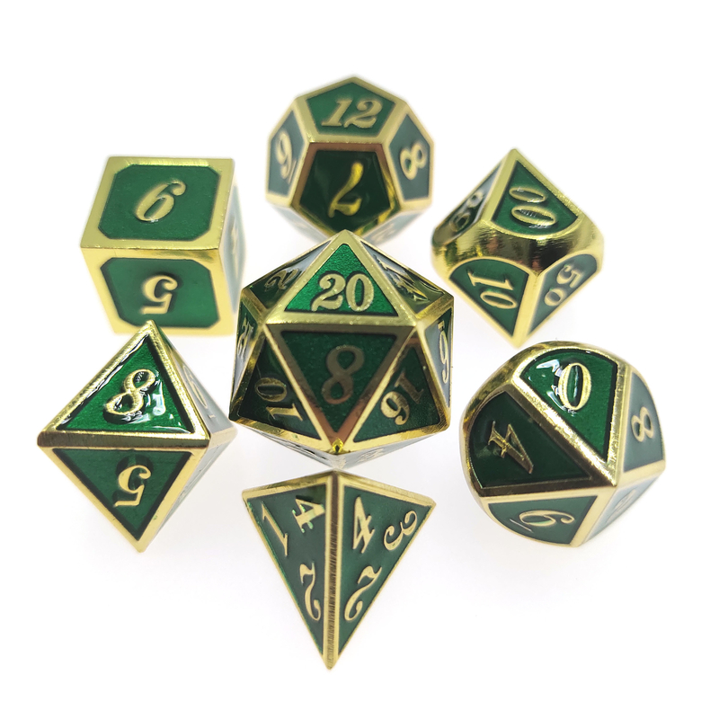 ชุดลูกเต๋าโลหะแฟนซีป้องกันการสึกหรอ 7 ชิ้นชุดลูกเต๋าเล่นเกมสวม Polyhedral Gilt Green